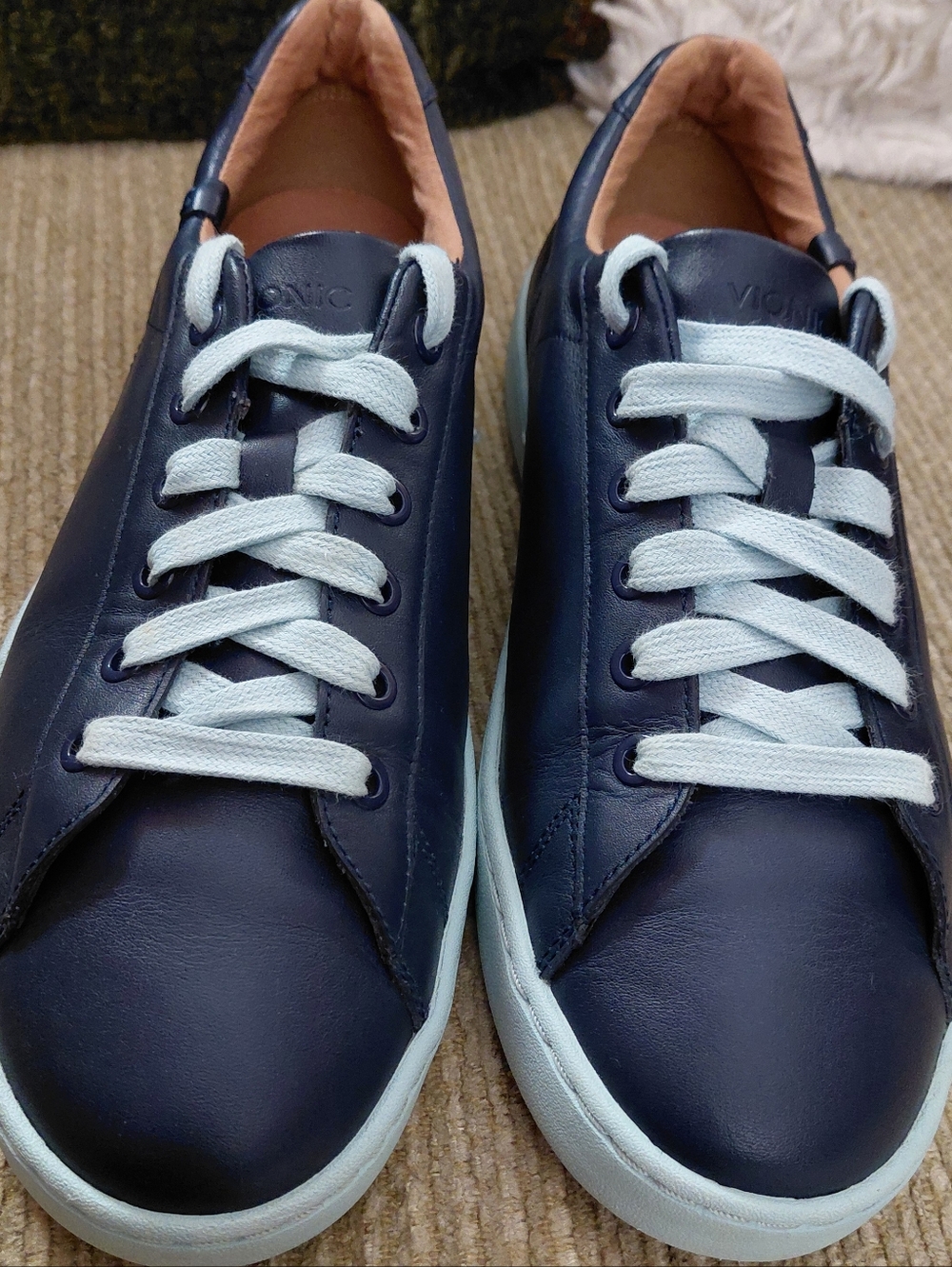 Vionic Women's Navy Leather Sneakers with Light Blue Accents